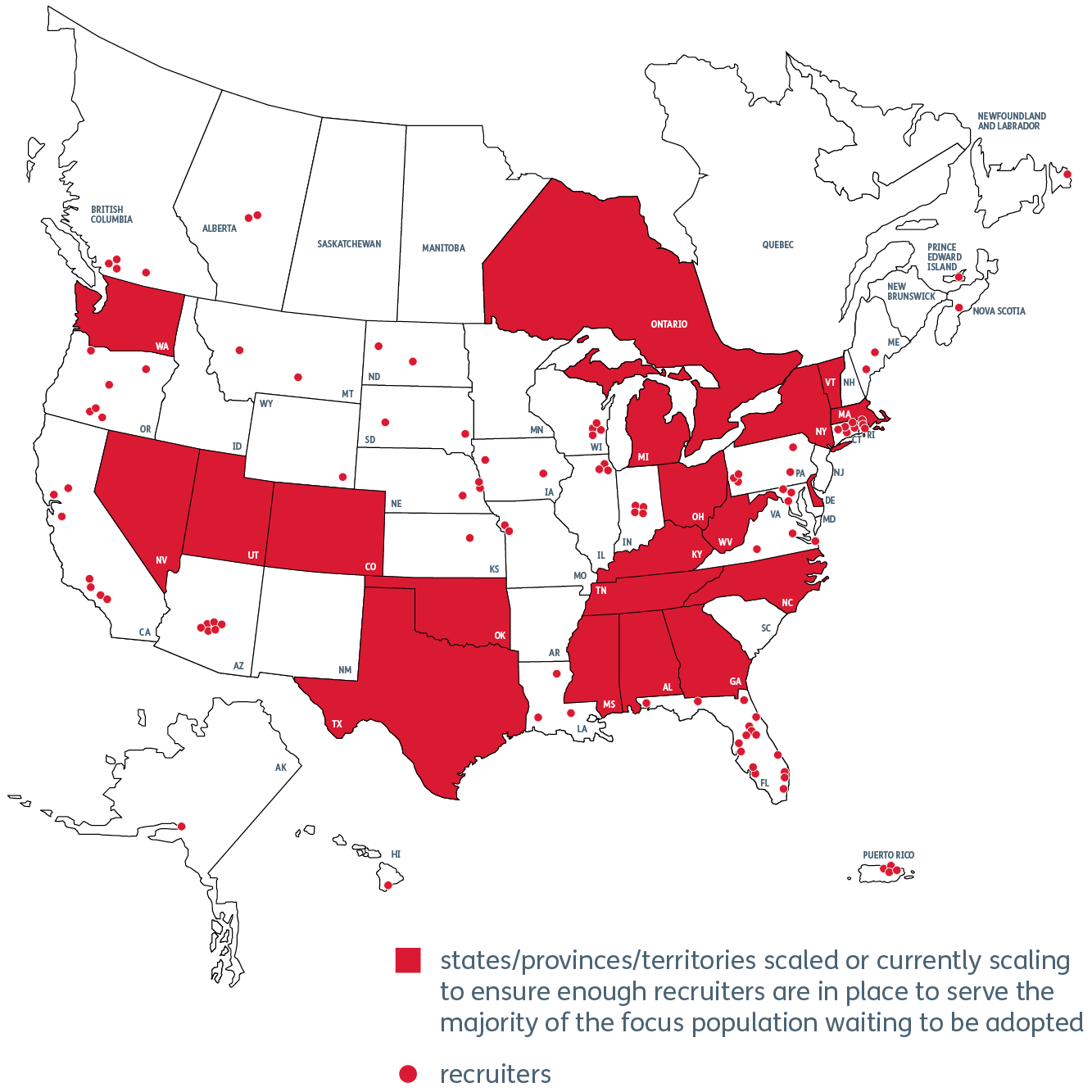Map of North America where WWK is scaled or scaling and placement of recruiters